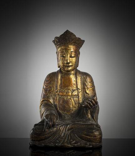 <b>A gilt- and red-lacquered wood figure of a priest</b>