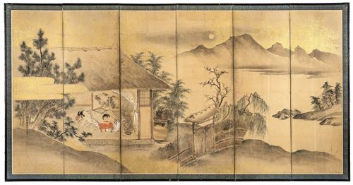 <b>A six-part folding screen with seascape and house view, attributed to Eiryo Kano</b>
