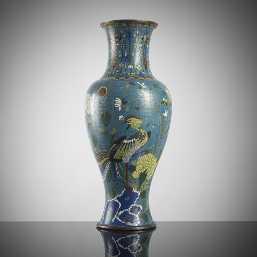 <b>A cloisonné-enamelled baluster vase with phoenix and floral decoration</b>
