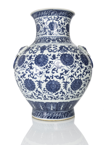 <b>A large underglaze blue decorated vase with lotus decoration and Buddhist emblems of 'hu' type</b>