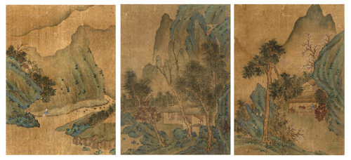 <b>A set of three album leaves with landscape depictions in blue-green style</b>