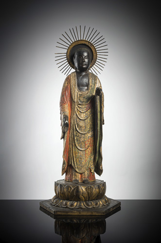 <b>A GILT- AND POLYCHROME WOOD FIGURE OF JIZO BOSATSU</b>
