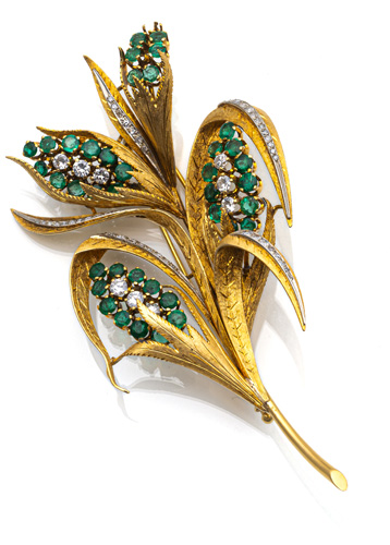 <b>Brosche „Kornähre“ mit Smaragden & Diamanten</b>