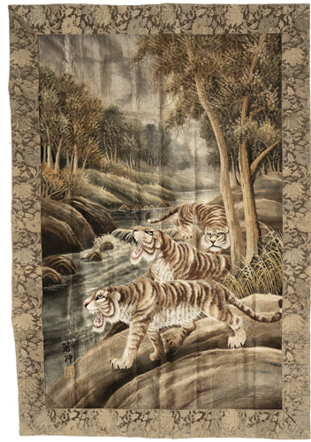 <b>A silk-embroidery of three tigers in style of Itô Jakuchû</b>