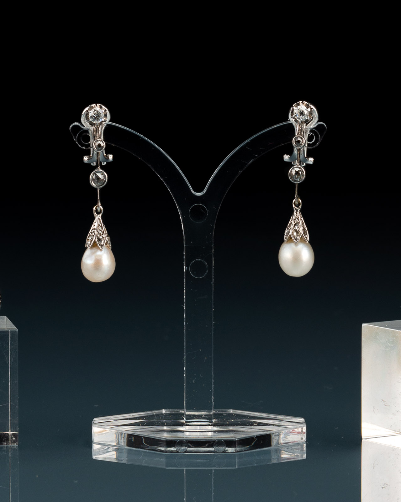 <b>A PAIR OF NATURAL PEARL AND DIAMOND EARRINGS</b>