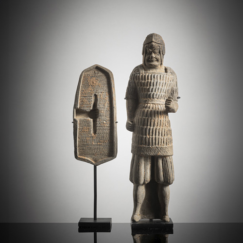 <b>An earthenware figure of an armored warrior with separate shield</b>