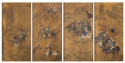 <b>A set of four paintings with hunting scenes</b>