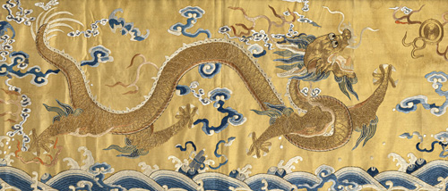 <b>Embroidery of a running dragon on imperial yellow silk</b>