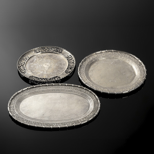 <b>Three export silver plates with bamboo decoration, partially open-worked</b>