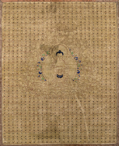 <b>A GOLD BACKGROUND THANGKA DEPICTING BUDDHA SHAKYAMUNI</b>
