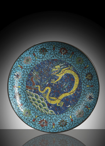 <b>A VERY LARGE AND RARE CLOISONNÉ ENAMEL DRAGON CHARGER</b>