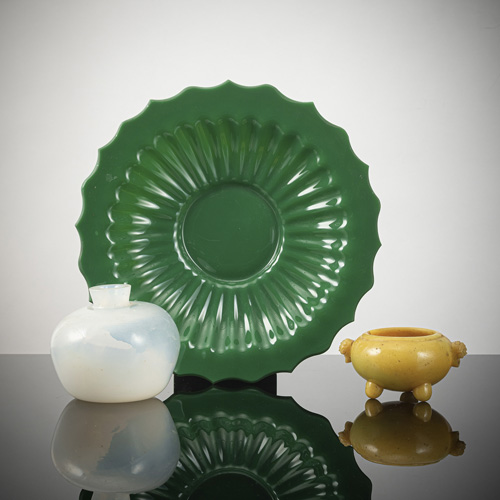 <b>A chrysanthemum-shaped green dish, a yellow tripod censer, and a white glass vase</b>