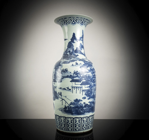<b>A large blue and white porcelain floor vase depicting an idyllic river landscape with figures</b>