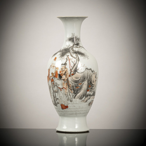 <b>An iron-red and grisaille audience scene porcelain baluster vase</b> <b>An iron-red and grisaille audience scene porcelain baluster vase</b>