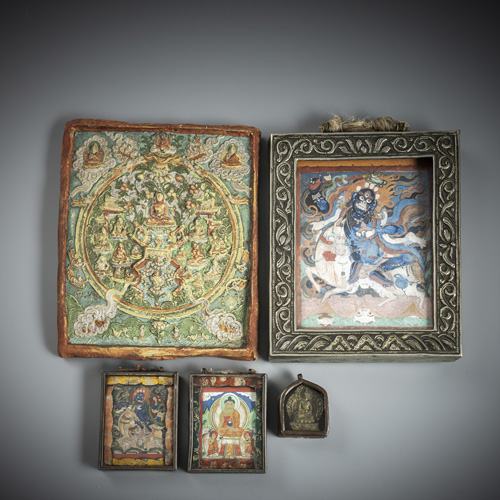 <b>FIVE DIFFERENT MINIATURE PAINTINGS, AN AMULET BOX AND A PAPIER-MÂCHÉ SHRINE</b>