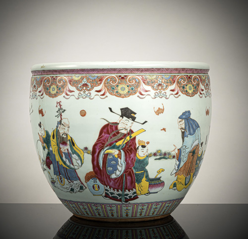 <b>A 'famille rose' 'Fu Lu Shou' porcelain jardinière</b> <b>A 'famille rose' 'Fu Lu Shou' porcelain jardinière</b>