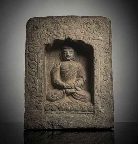 <b>A LIMESTONE PANEL DEPICTING BUDDHA SHAKYAMUNI</b>