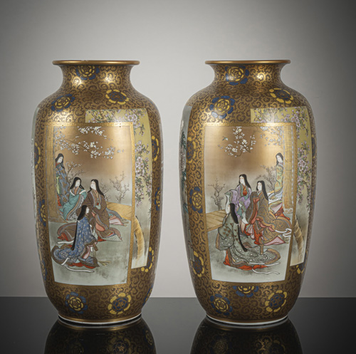 <b>A fine pair of Kutani (Kaga Ware) Vases decorated with bijin</b>