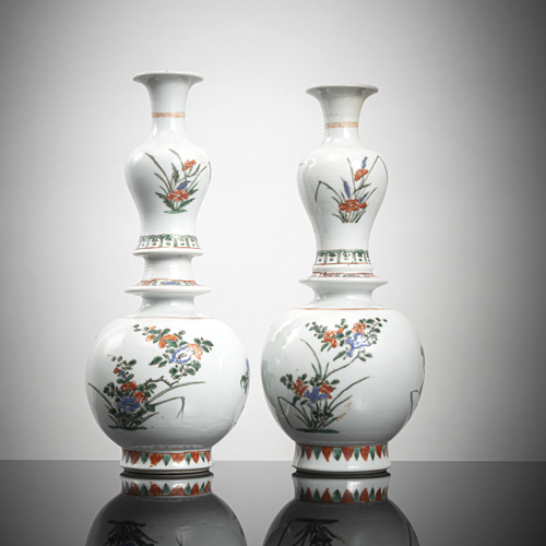 <b>Two unusual double 'Famille verte' vases with floral decoration made for the export</b>