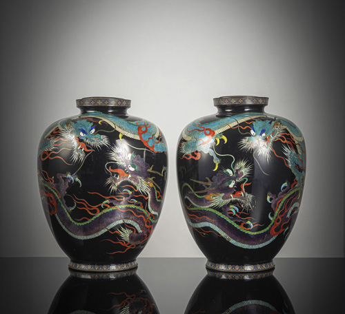 <b>A pair of large cloisonné-enamelled dragon vases</b>