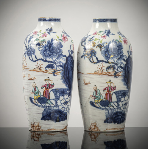 <b>A pair of 'Famille rose' vases with fine painting of boats in a seascape, large flowers and rocks with underglaze blue</b> <b>A pair of 'Famille rose' vases with fine painting of boats in a seascape, large flowers and rocks with underglaze blue</b>