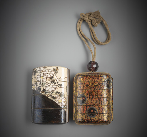 <b>A painted ceramic inro and lacquer inro with swastika pattern and floral decoration</b>