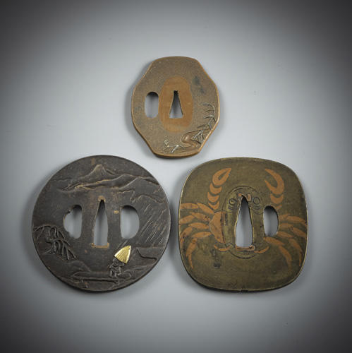 <b>Three tsuba made of iron, shibuichi and copper</b>
