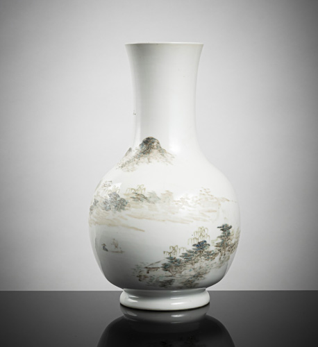 <b>A 'qianjiang' porcelain vase depicting a seascape with a fishing boat and inscription signed by Cheng Men</b> <b>A 'qianjiang' porcelain vase depicting a seascape with a fishing boat and inscription signed by Cheng Men</b>