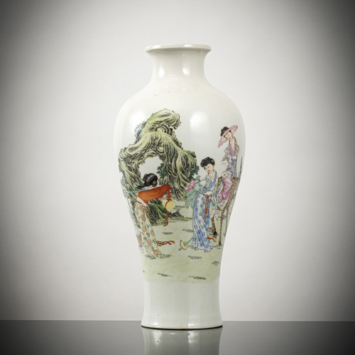 <b>A 'Famille rose' vase with depiction of Magu on a deer and servant in a landscape</b> <b>A 'Famille rose' vase with depiction of Magu on a deer and servant in a landscape</b>