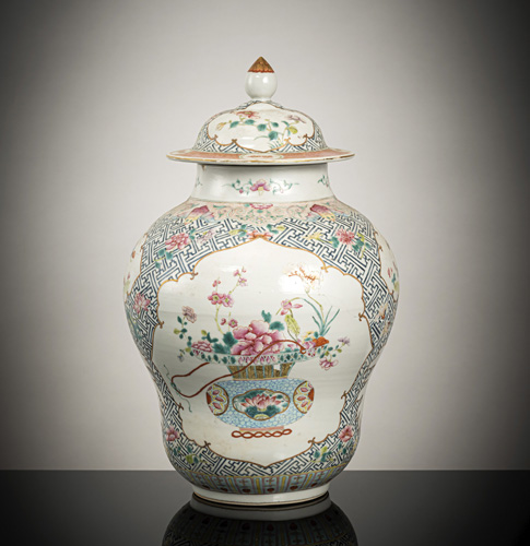 <b>A 'famille rose' flowers and bats porcelain vase with cover</b> <b>A 'famille rose' flowers and bats porcelain vase with cover</b>