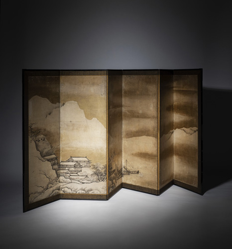 <b>A six-part screen depicting a winter landscape with scholar's house</b>