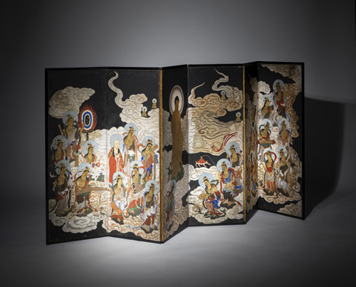 <b>A six-part screen depicting Buddha Amida in paradise surrounded by numerous Bodhisattva</b>
