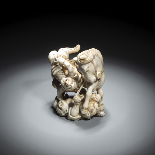 <b>An ivory Okimono of two Samurai and a horse</b>
