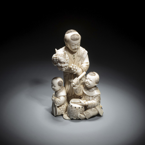 <b>A finely carved ivory okimono of three Karako</b>