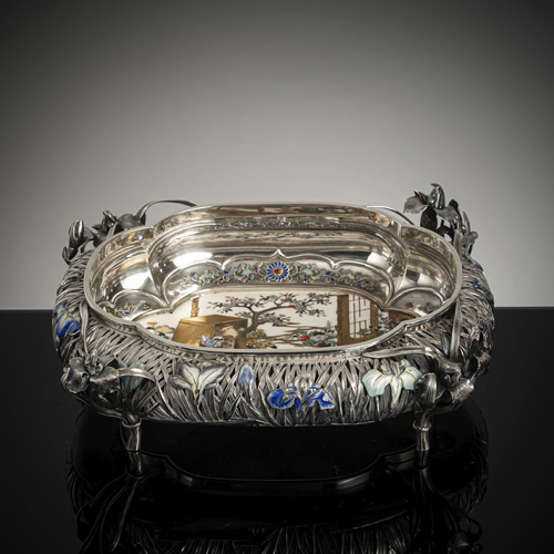 <b>A fine, partially openwork silver bowl with enamelled decoration and shibayama ivory inlay</b>