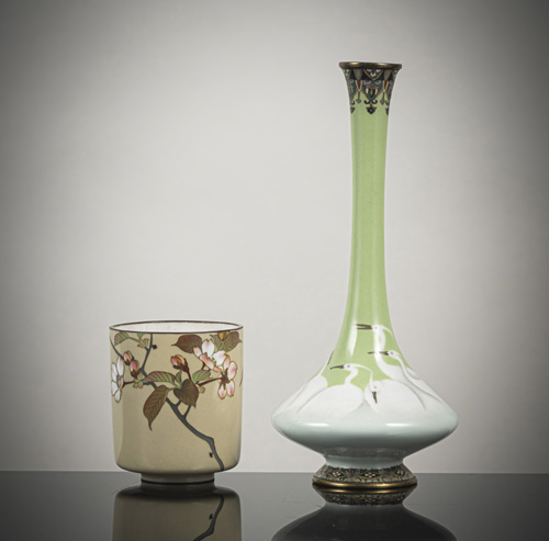 <b>A cloisonné enamel vase in 'musen' technique with herons on a light green background and cup with flowering branches</b>