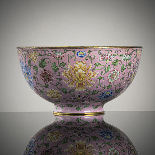 <b>AN EXTREMELY RARE AND IMPORTANT IMPERIAL BEIJING ENAMEL BOWL ON COPPER WITH PINK GROUND</b>