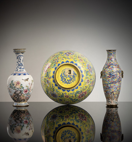 <b>Two vases and a finely decorated bowl in Canton enamel</b>