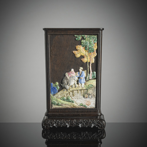 <b>An excellent and extremely rare Zitan brush cup with enamel decoration in relief</b>