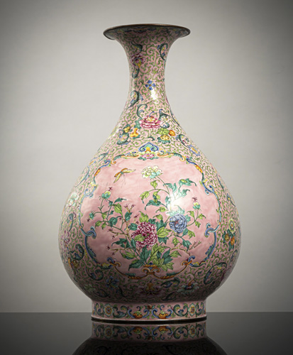 <b>A very rare Imperial enamel vase with pink background and floral decoration 'yuhuchunping'</b>