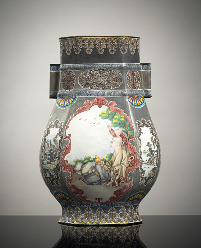 <b>A finely enamelled hexagonal 'hu'-shaped Canton vase</b>