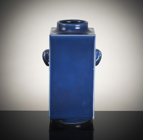 <b>A square powder blue glazed vase 'cong' with handles in the shape of elephant heads</b>