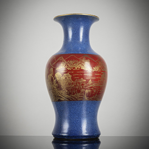 <b>A powder-blue baluster porcelain vase with landscape painting in gold on a copper-red ground</b> <b>A powder-blue baluster porcelain vase with landscape painting in gold on a copper-red ground</b>