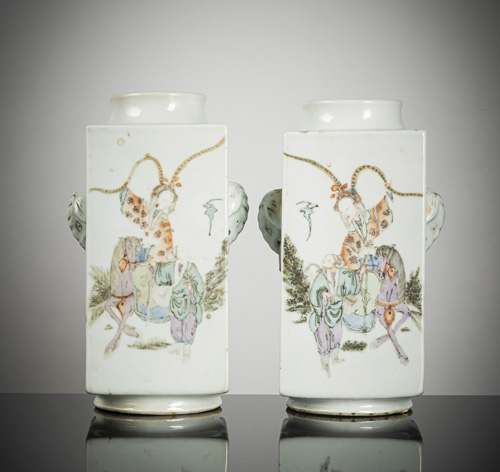 <b>A pair of cong-shaped porcelain vases with qianjiangcai figure decoration and poem inscriptions</b> <b>A pair of cong-shaped porcelain vases with qianjiangcai figure decoration and poem inscriptions</b>