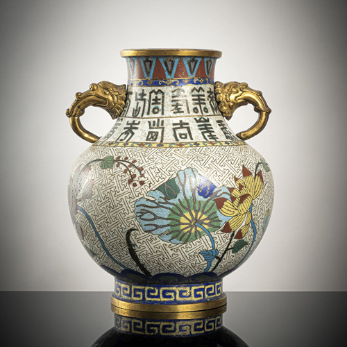 <b>A cloisonné-enamelled baluster vase with lion head handles</b>