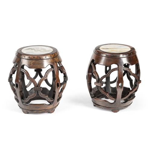<b>Two drum-shaped marble-inset stools</b> <b>Two drum-shaped marble-inset stools</b>