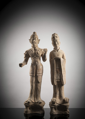 <b>Two large earthenware figures of a warrior and an official</b>