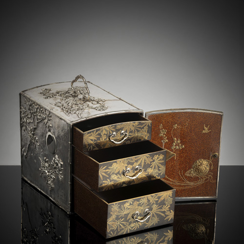 <b>A silver-metall kodansu with fine lacquer decoration</b>