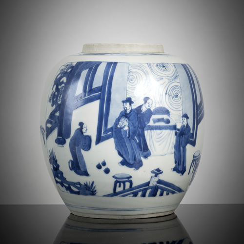<b>Porcelain shoulder pot with underglaze blue decoration of novel scenes around the wall</b>
