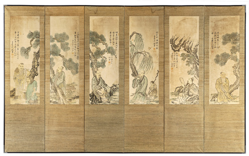 <b>A six-panel folding screen with the depiction of scholars</b>